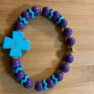 Hand Crafted Bracelet Purple Turquoise Cross Beaded Stretch 7 3/4”